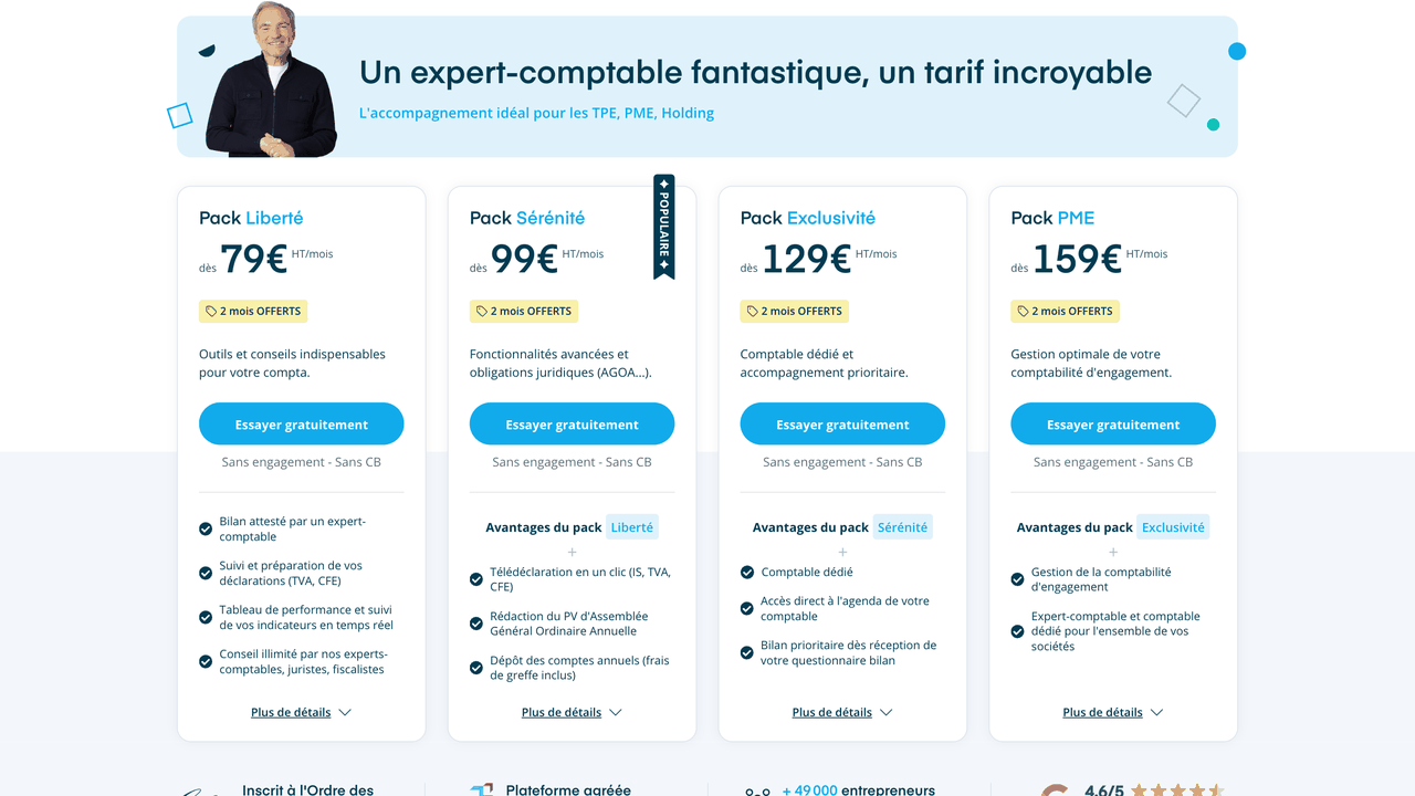Grille tarifaire de Dougs : packs Liberté, Sérénité, Exclusivité et PME