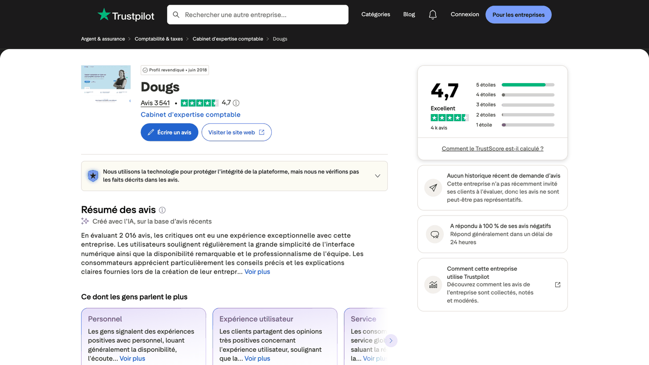 Fiche Trustpilot de Dougs : 4,7 sur 5 pour 3 541 avis