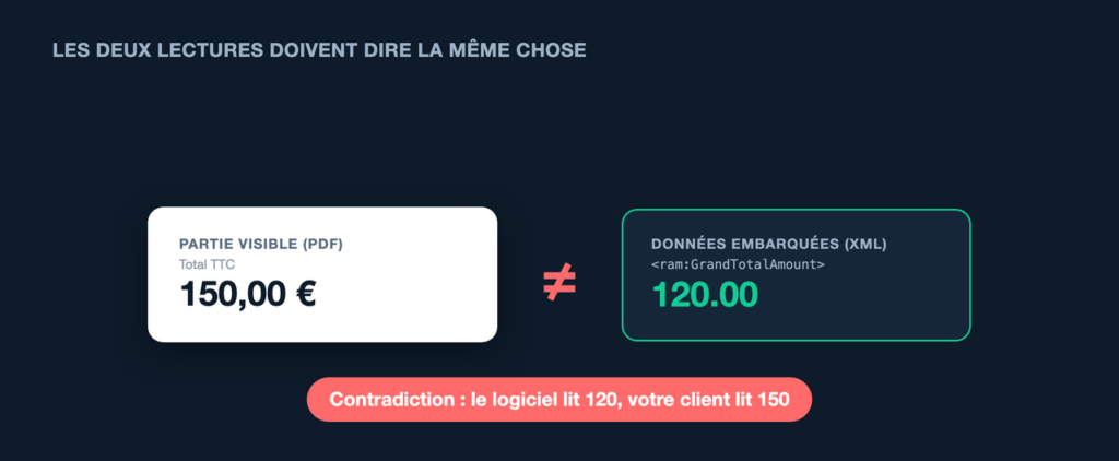 Contradiction entre la partie visible du PDF à 150 euros et les données XML embarquées à 120 euros
