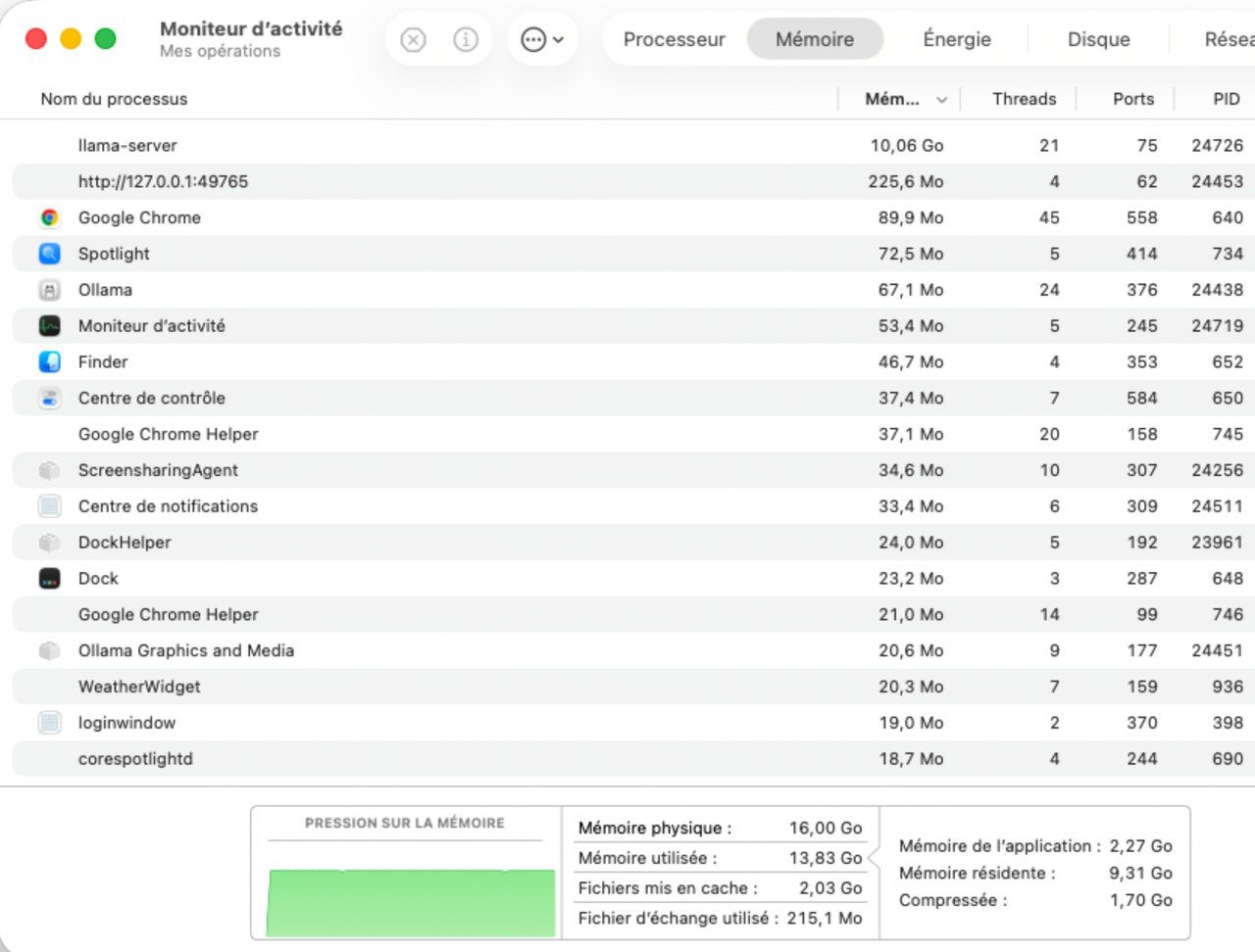 Moniteur d'activité macOS : le processus llama-server occupe 10 Go de mémoire pendant que Gemma 4 tourne