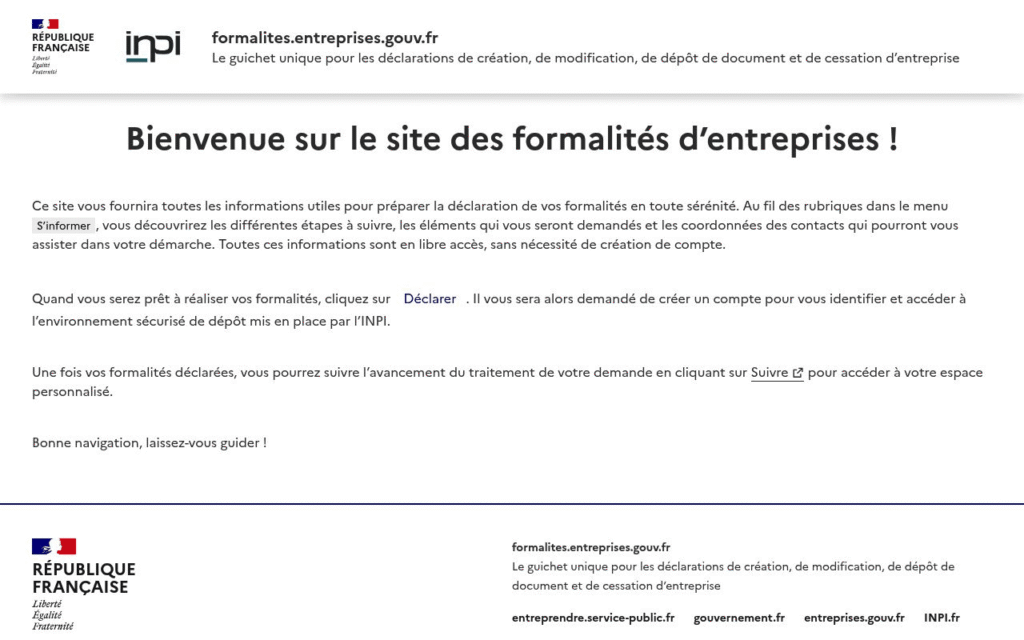 Page d'accueil du guichet unique des formalités d'entreprises de l'INPI