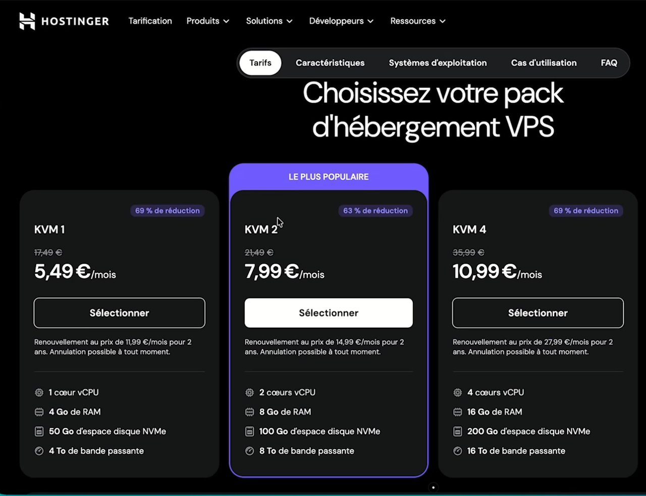 La grille tarifaire des VPS Hostinger : KVM 1, KVM 2 et KVM 4