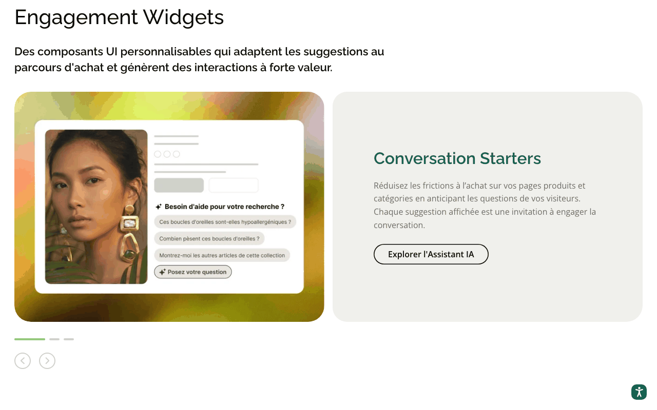 Suggestions de questions de l'assistant shopping IA d'iAdvize sur une fiche produit
