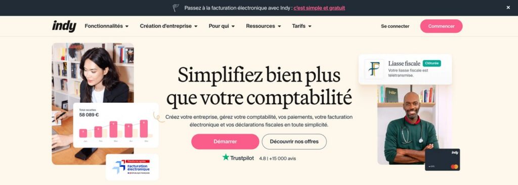 Page d'accueil d'Indy, logiciel de comptabilité pour indépendants