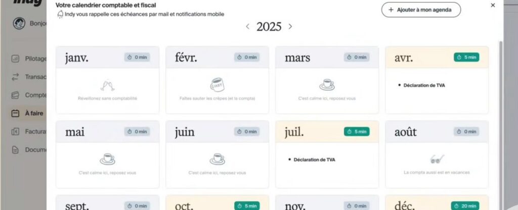 Calendrier comptable et fiscal des échéances dans Indy