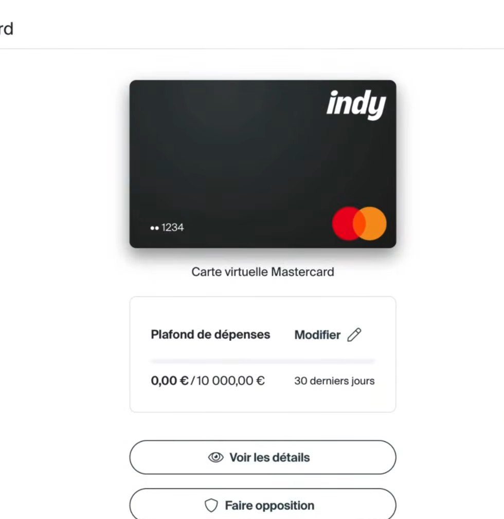 Carte virtuelle Mastercard du compte pro Indy avec son plafond de dépenses