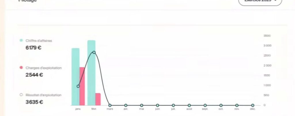Tableau de bord de pilotage avec chiffre d'affaires et charges dans Indy