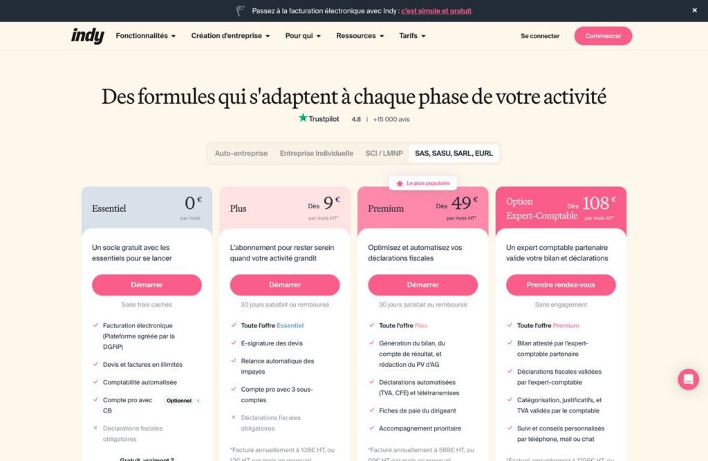 Grille tarifaire d'Indy pour les sociétés SAS, SASU, SARL et EURL