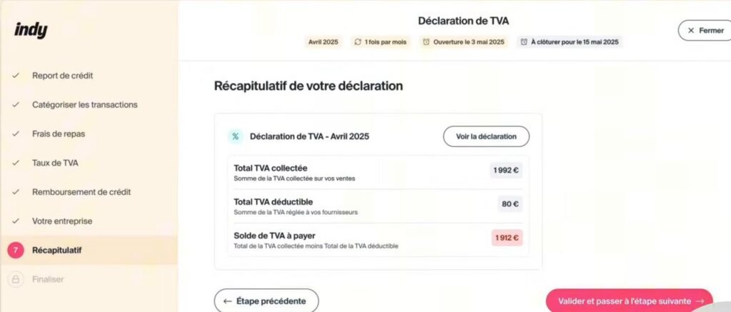 Récapitulatif d'une déclaration de TVA avant envoi dans Indy