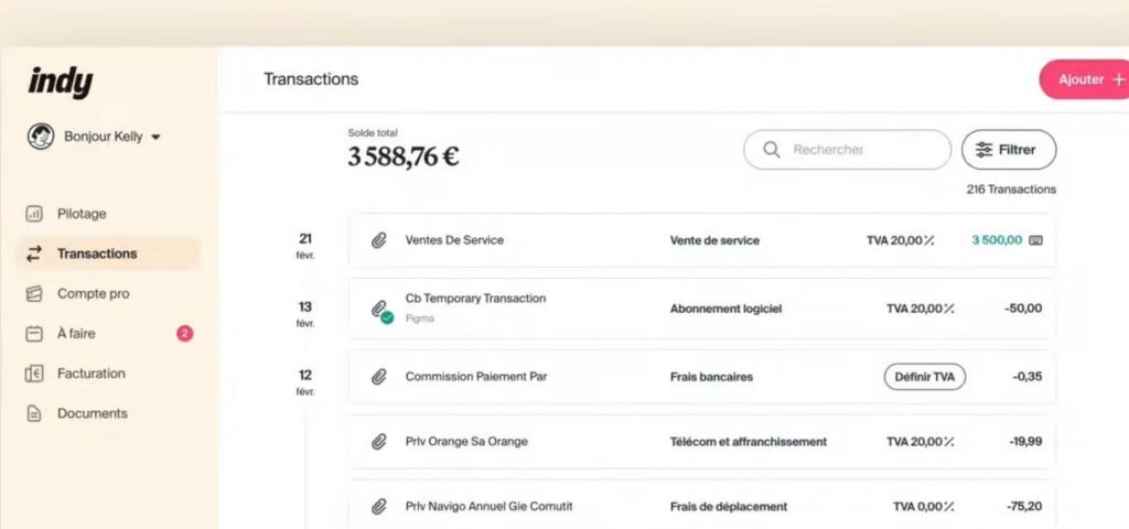 Liste des transactions bancaires catégorisées dans Indy