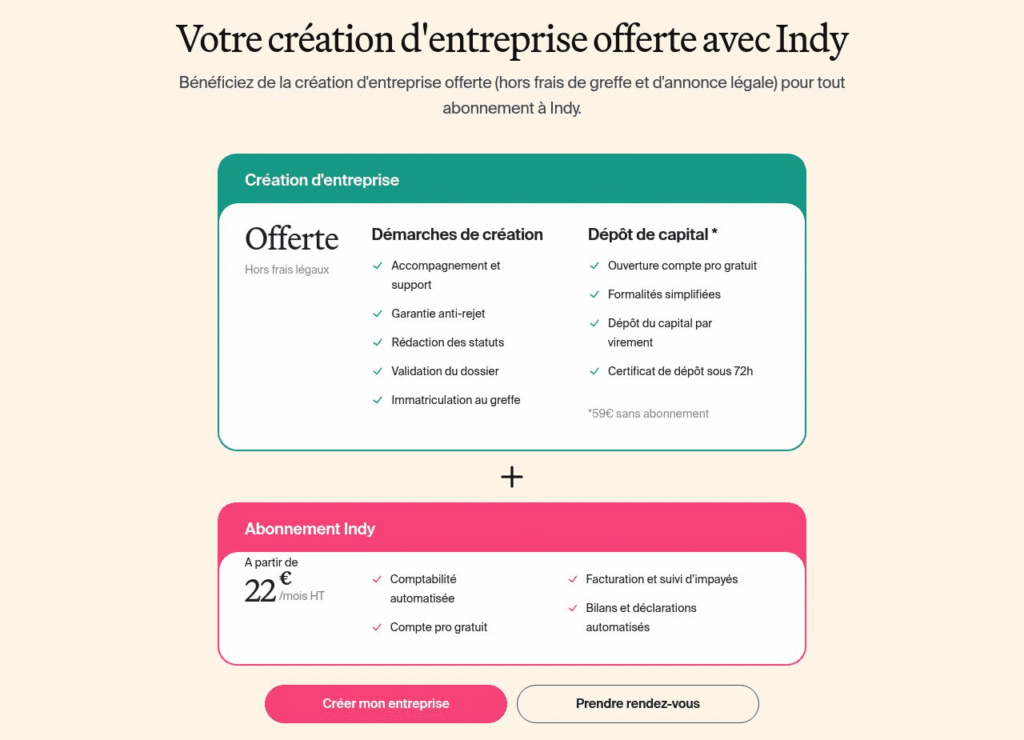 Offre de création d'entreprise offerte avec l'abonnement Indy à partir de 22 euros HT par mois