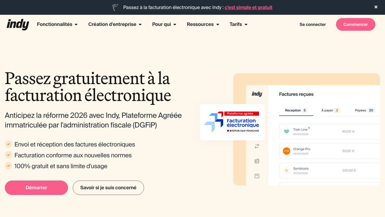 Page facturation électronique d'Indy, plateforme agréée par la DGFiP