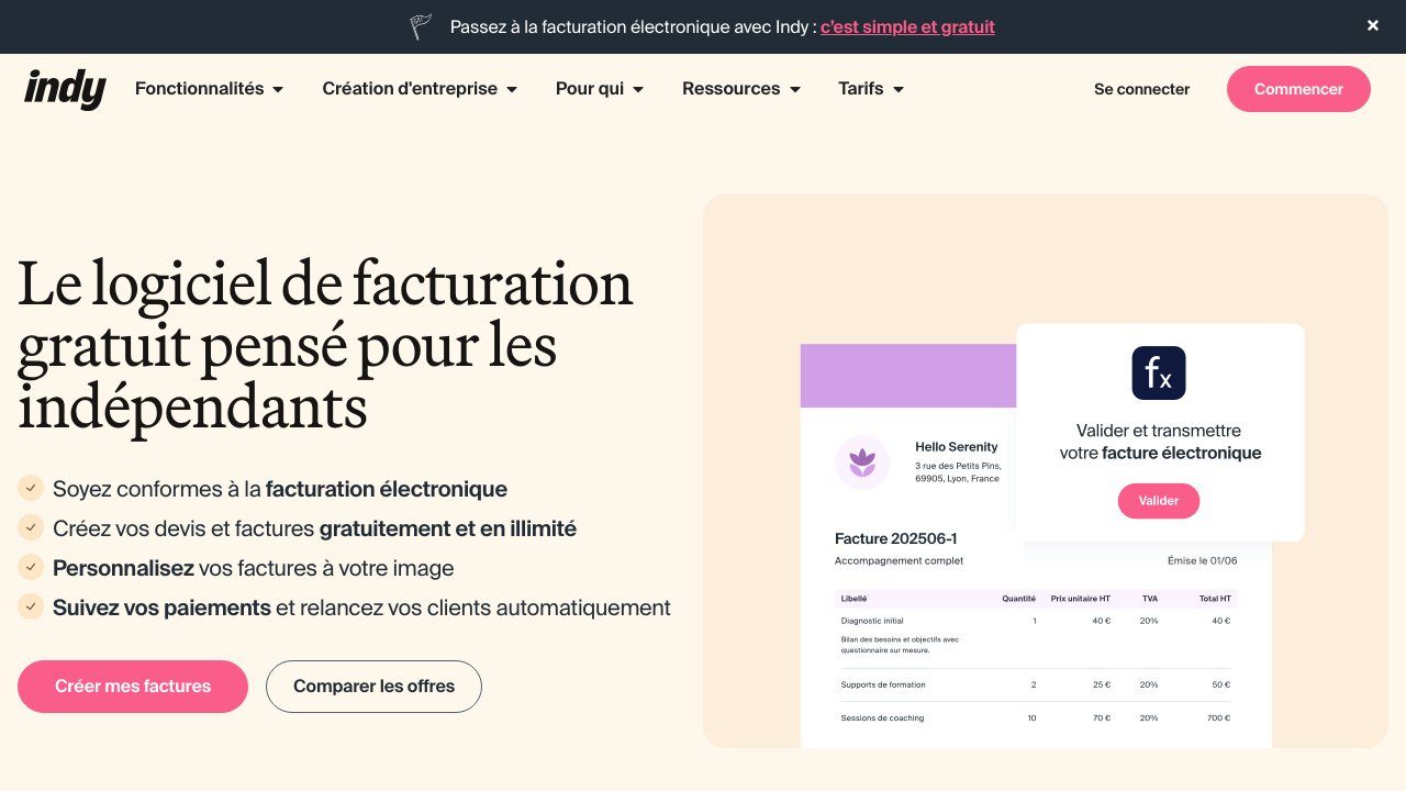 Page du logiciel de facturation gratuit d'Indy