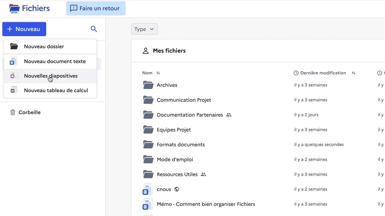 Menu Nouveau de Fichiers dans LaSuite : document texte, diapositives, tableau de calcul