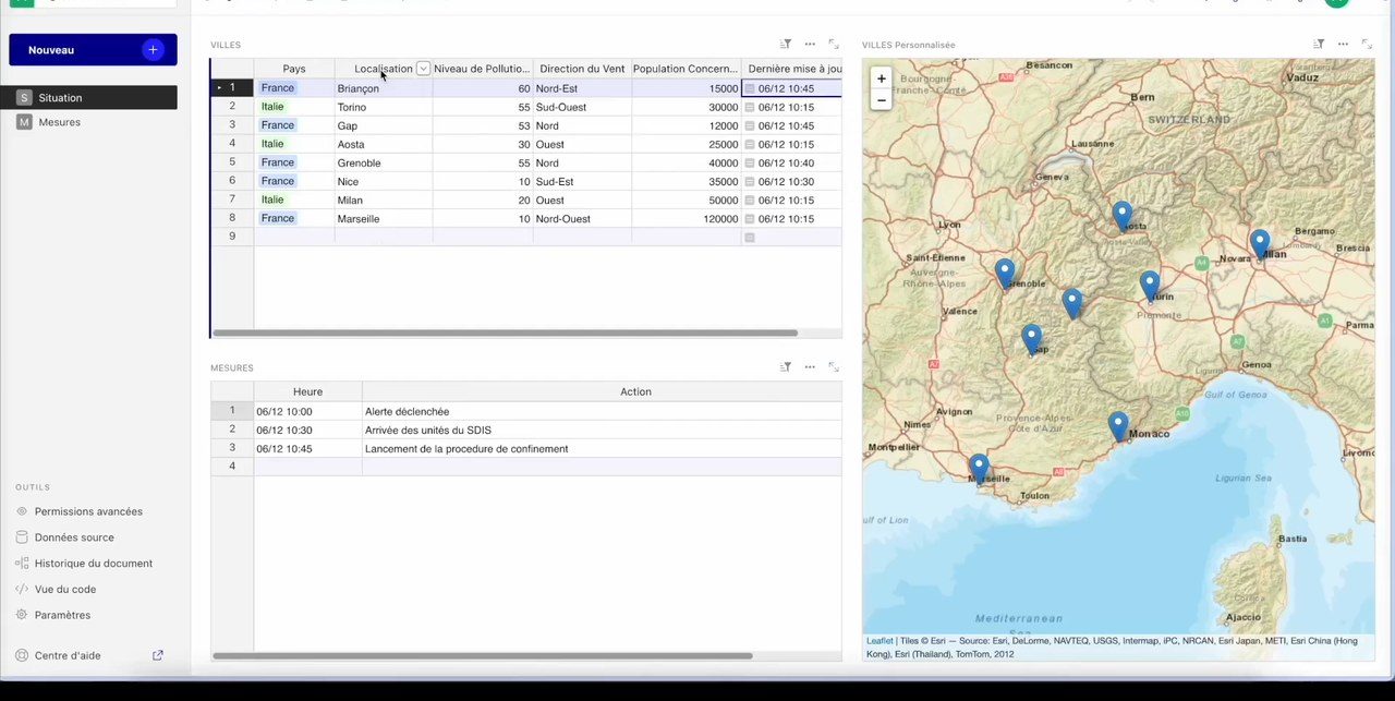 Document Grist dans LaSuite avec une table liée à une carte