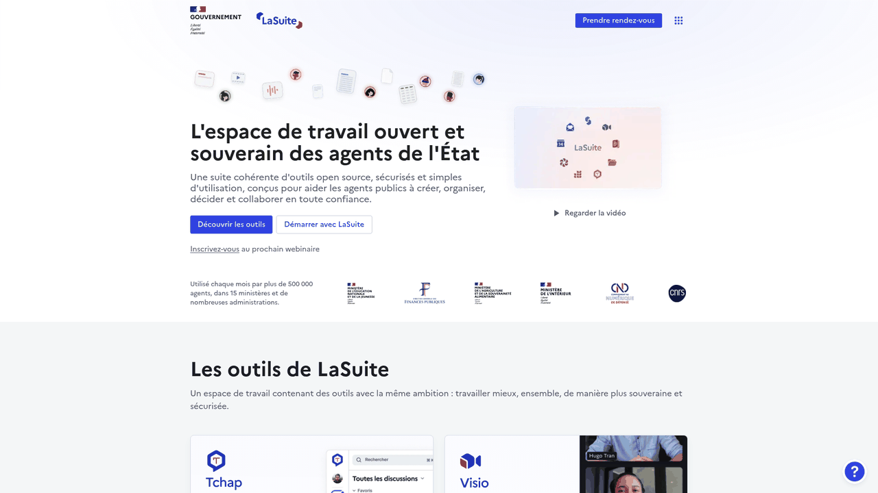 Page d'accueil de LaSuite numérique, l'espace de travail des agents de l'État