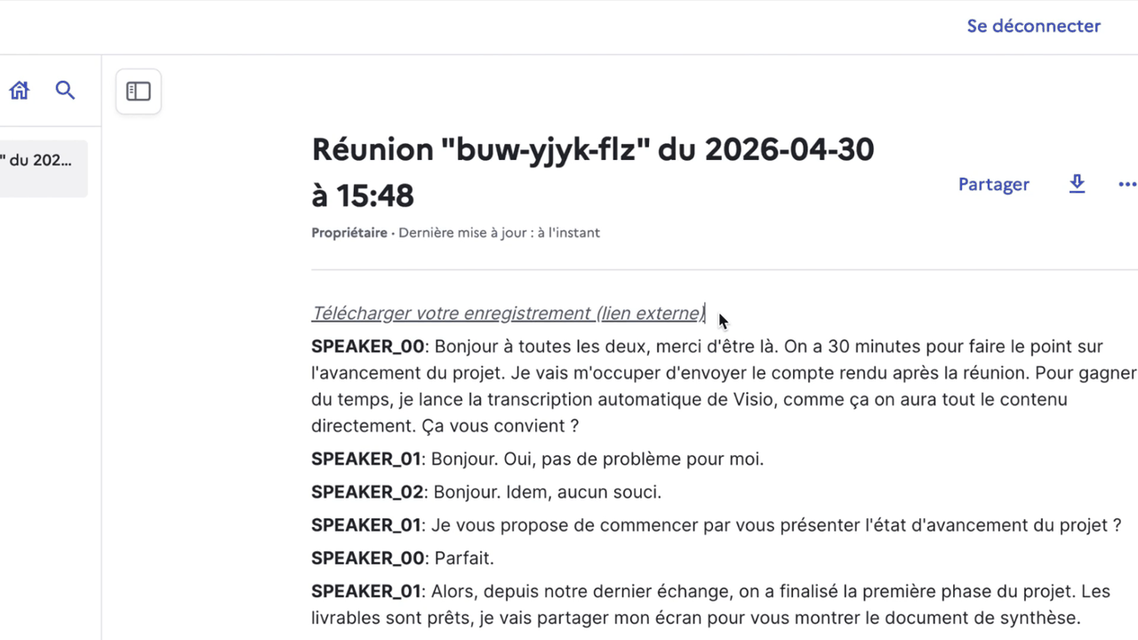 Transcription d'une réunion Visio dans un document Docs, avec les intervenants identifiés