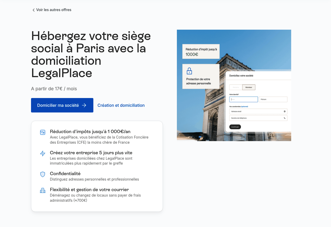 Offre de domiciliation LegalPlace à Paris