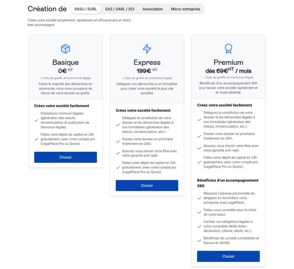 Les trois formules de création de SASU chez LegalPlace : Basique, Express et Premium