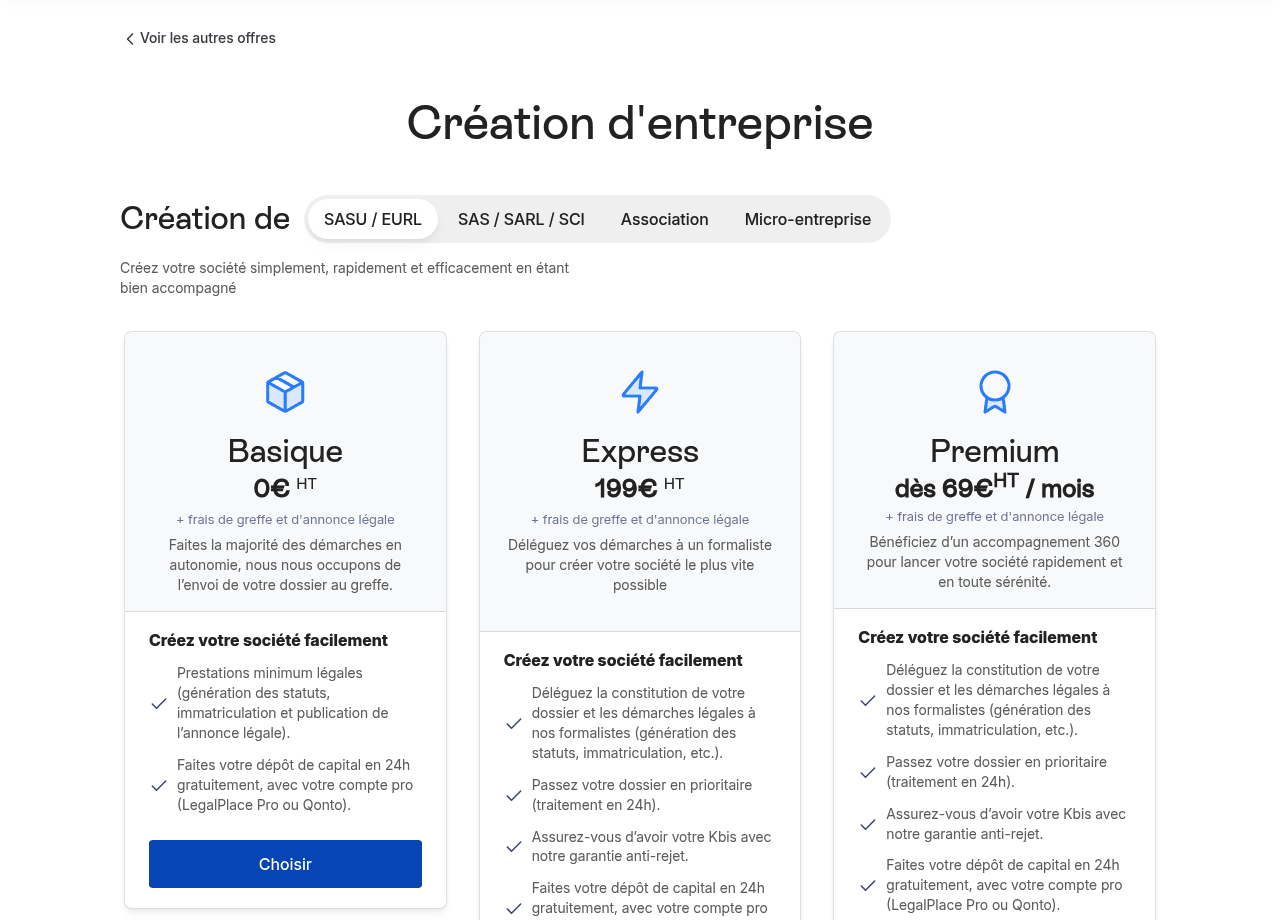 Tarifs de création de SASU et EURL chez LegalPlace