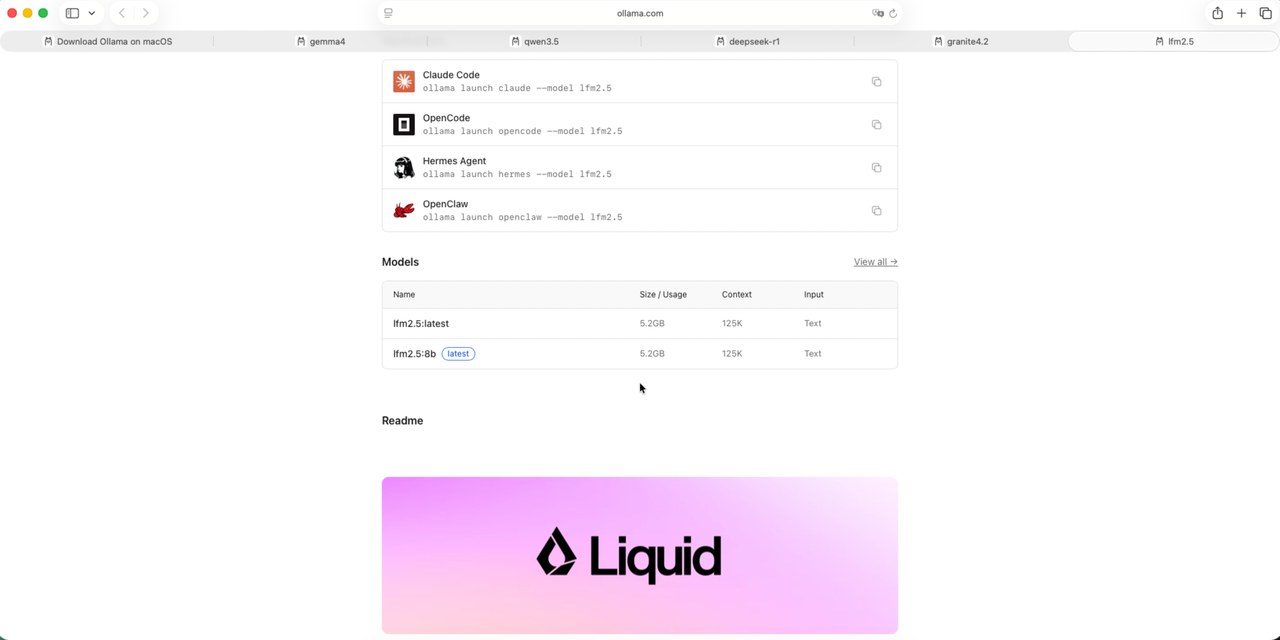 Capture d'écran de la fiche LFM2.5 de Liquid AI sur Ollama