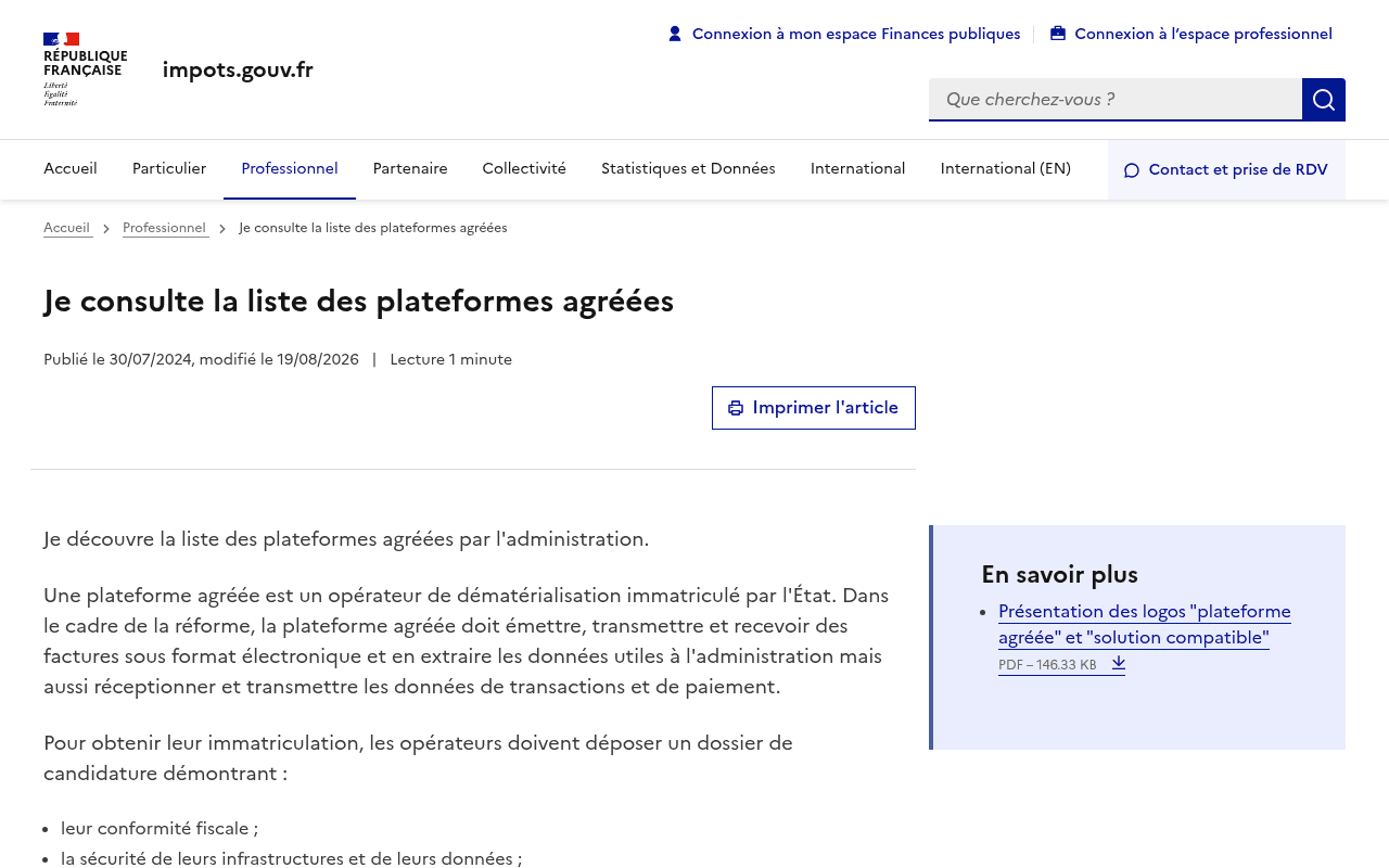 Page officielle de la liste des plateformes agréées sur impots.gouv.fr