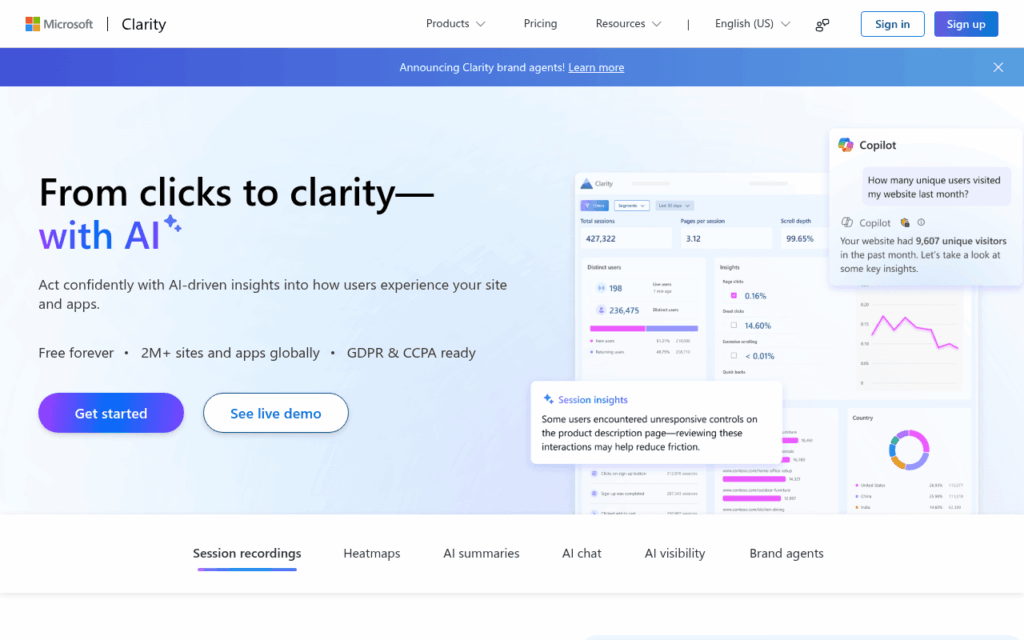 Capture d'écran de Microsoft Clarity