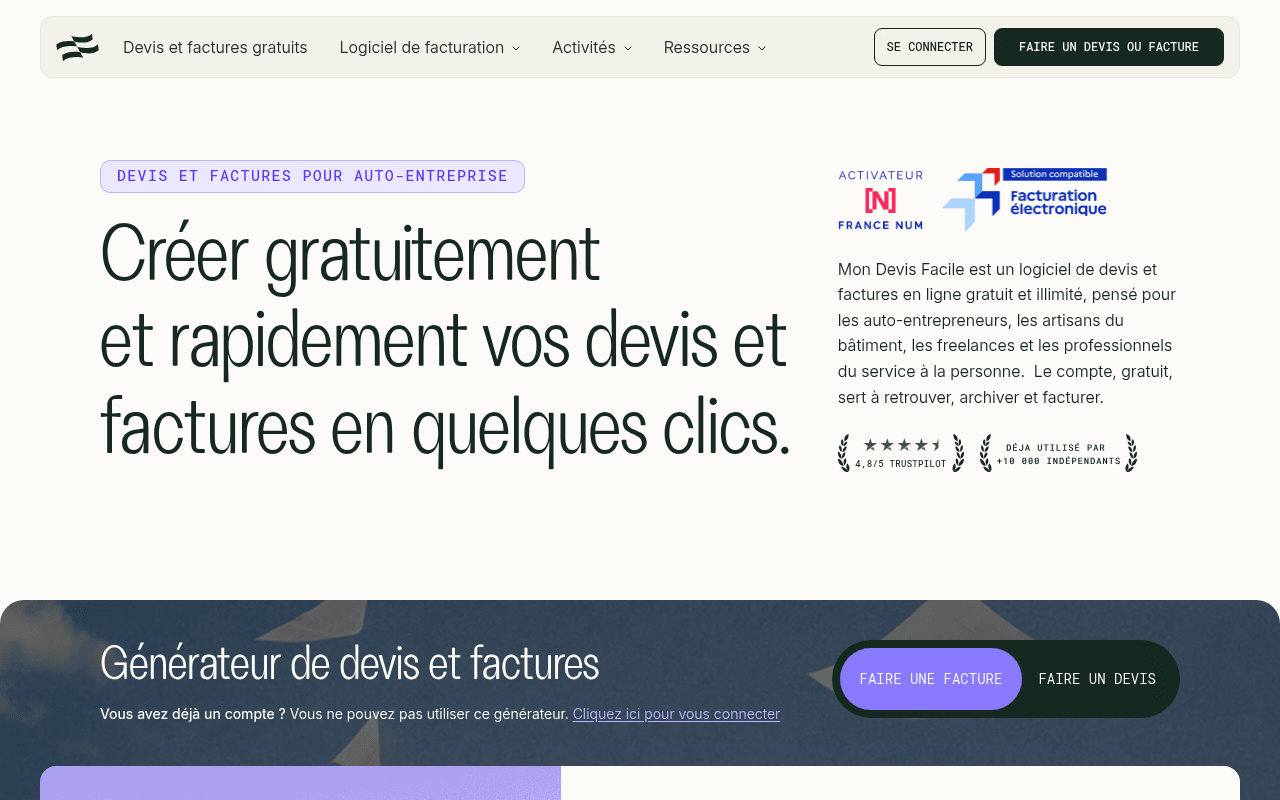 Page d'accueil de Mon Devis Facile