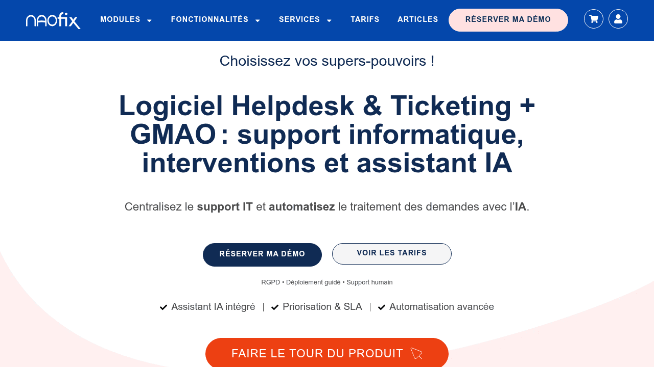 Capture d'écran de la page d'accueil de Naofix, logiciel Helpdesk et GMAO