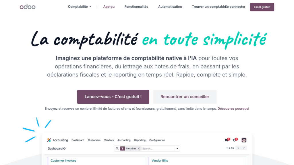 Capture d'écran d'Odoo Comptabilité