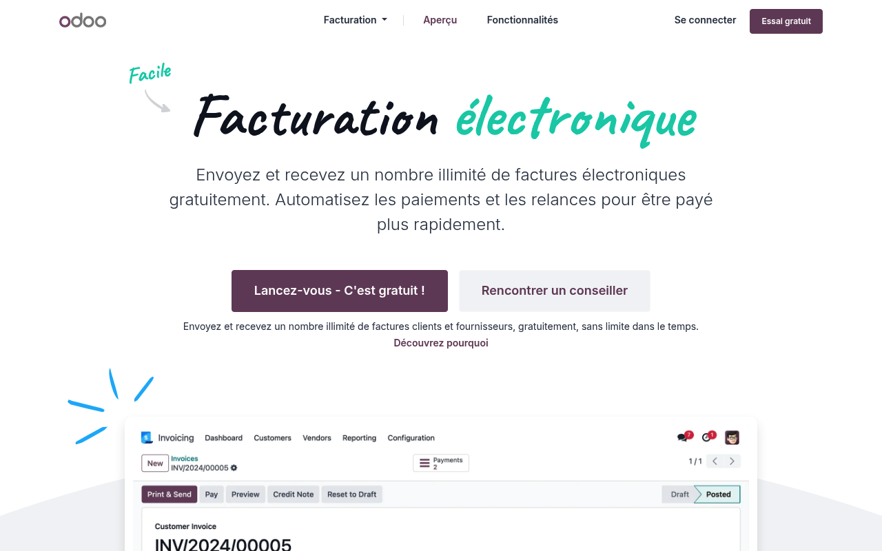 Page officielle de la facturation électronique dans Odoo