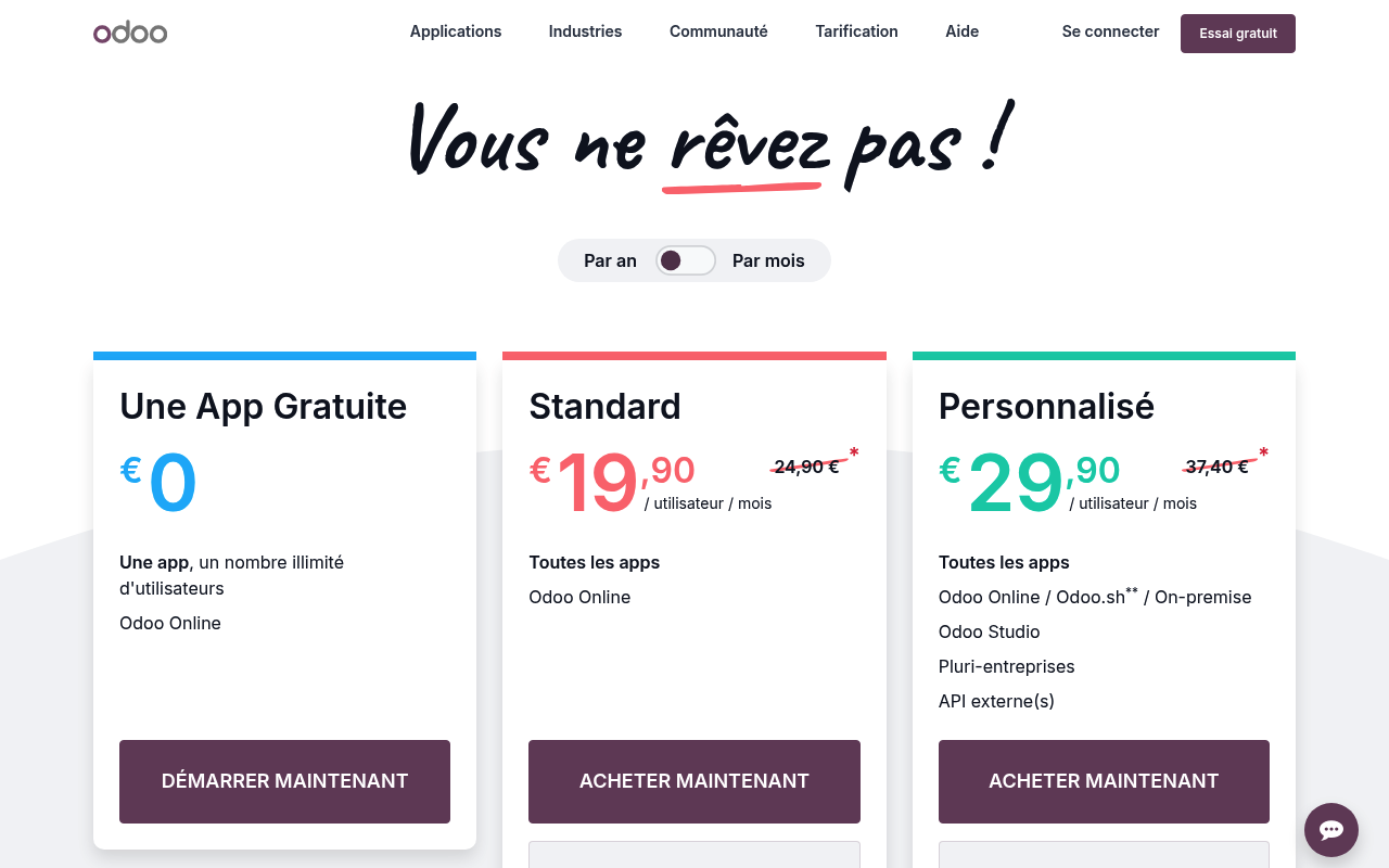 Les tarifs d'Odoo, avec l'offre Une App Gratuite