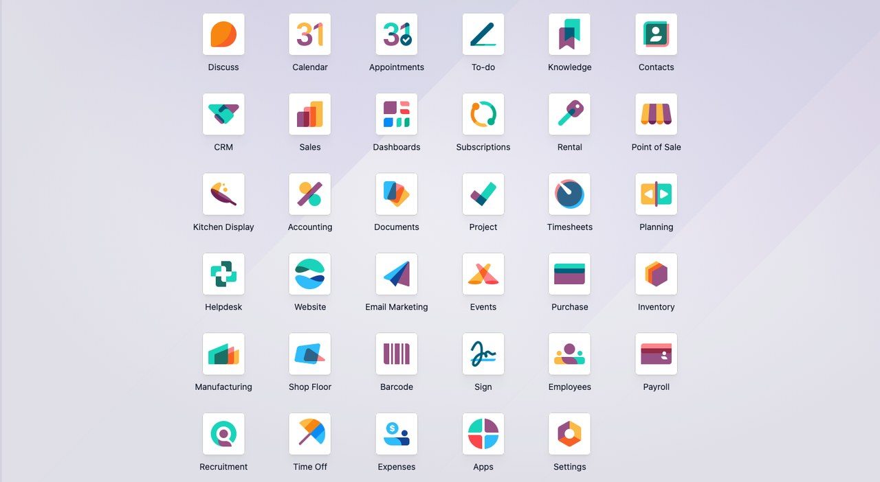 Écran d'accueil des modules d'Odoo, un ERP tout-en-un