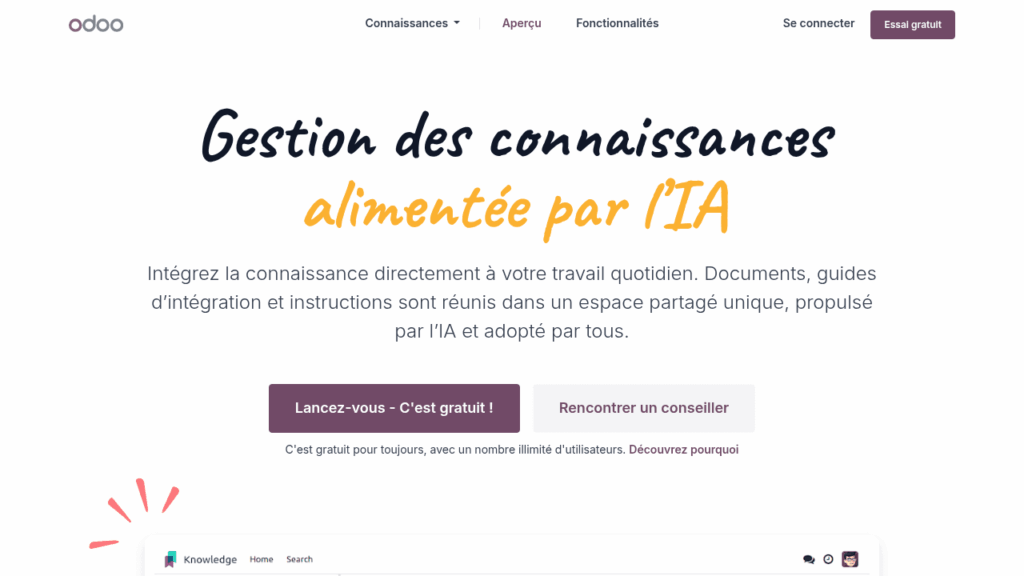 Capture d'écran d'Odoo Connaissances
