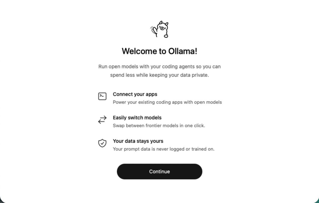 Écran de bienvenue de l'application Ollama au premier lancement