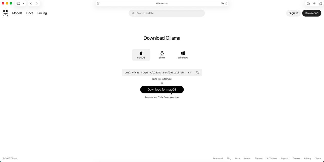 Page de téléchargement d'Ollama avec les versions macOS, Linux et Windows