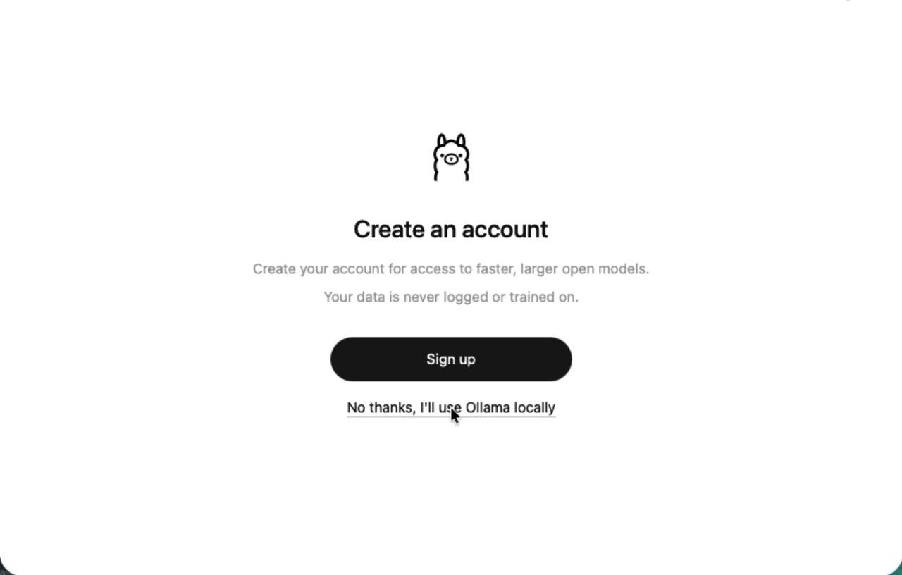 Écran Create an account d'Ollama avec le lien No thanks, I'll use Ollama locally