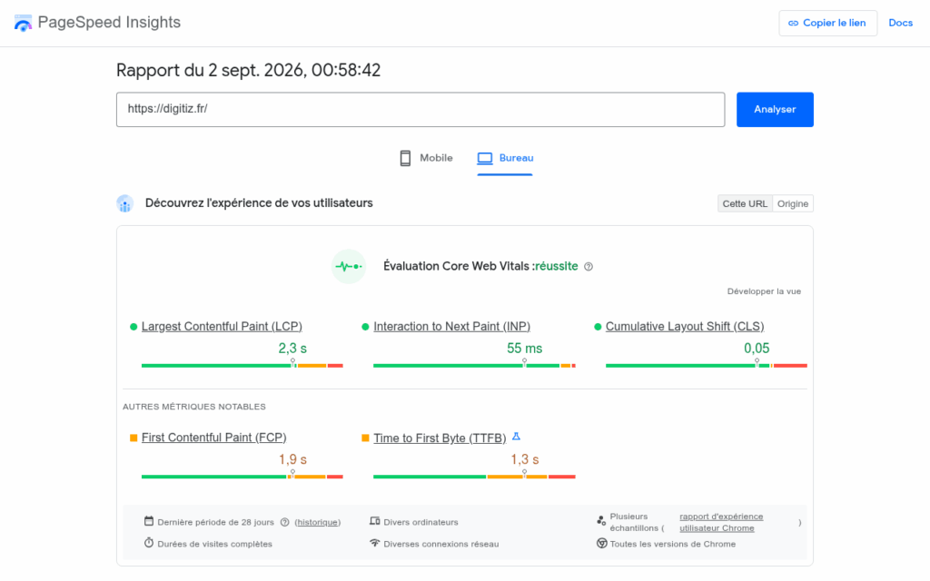 Capture d'écran d'un rapport PageSpeed Insights