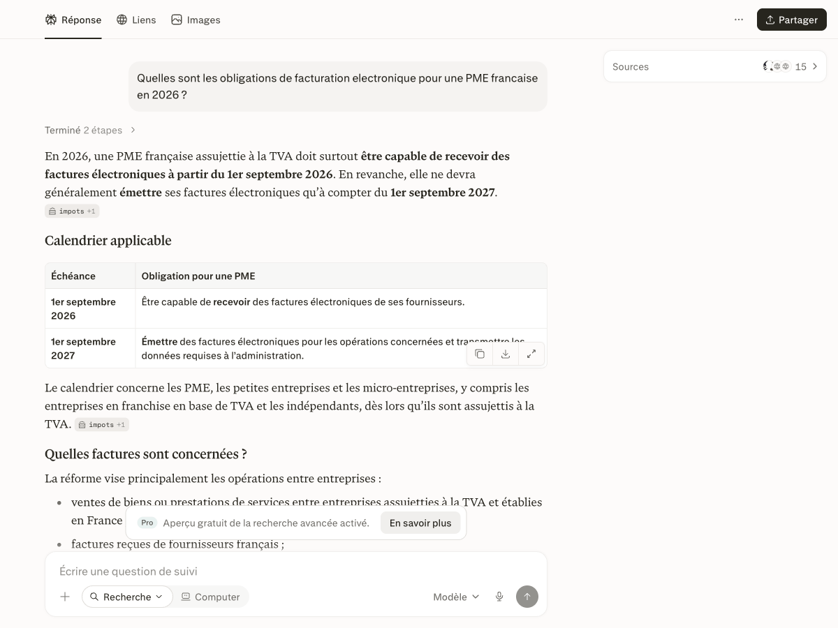 Réponse sourcée de Perplexity sur la facturation électronique