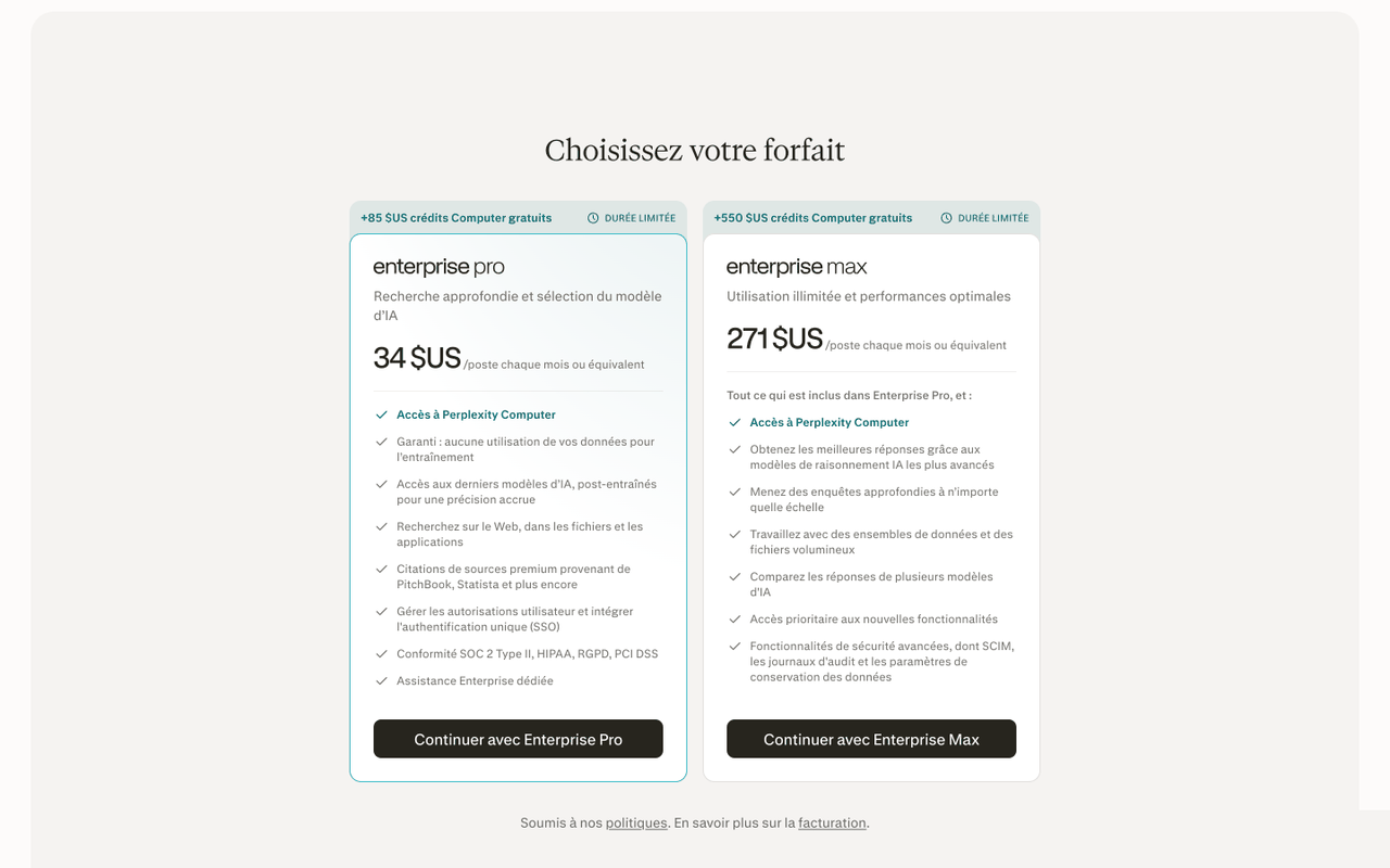 Page des tarifs de Perplexity