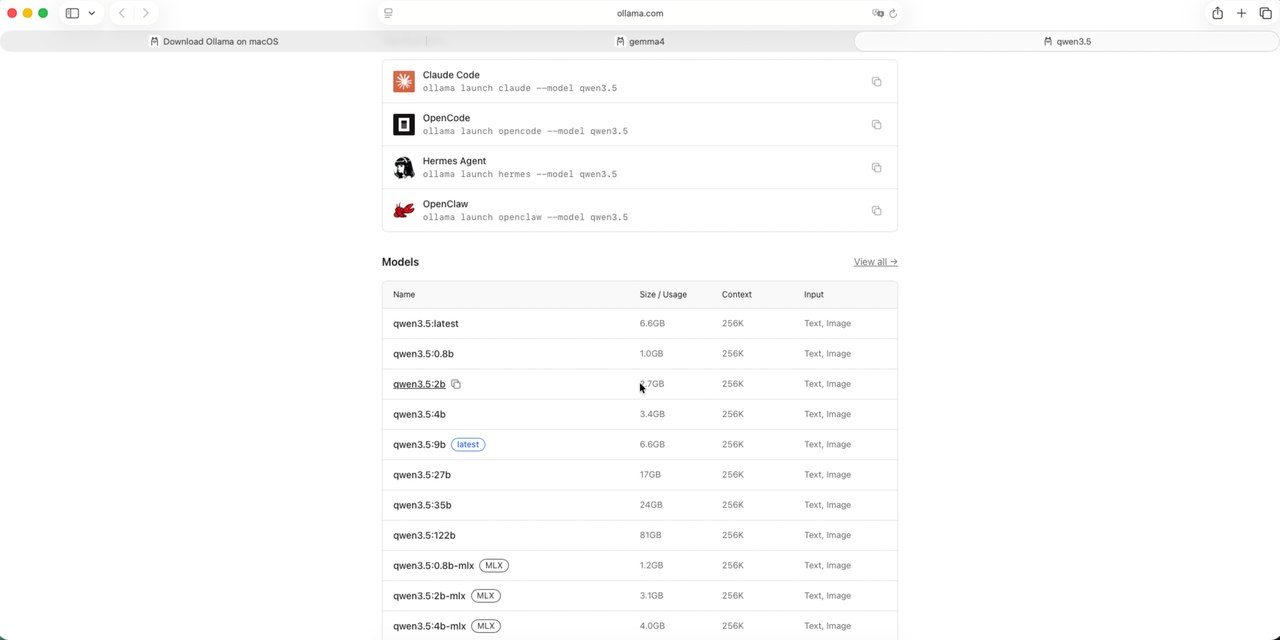 Capture d'écran de la fiche Qwen3.5 sur Ollama avec les versions disponibles