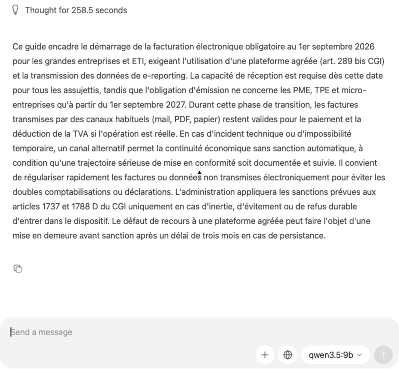 Résumé du guide DGFiP sur la facturation électronique rédigé par Qwen3.5 dans l'application Ollama