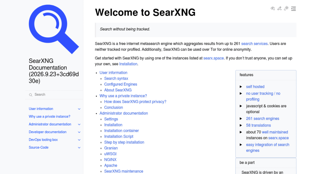 Capture d'écran de SearXNG