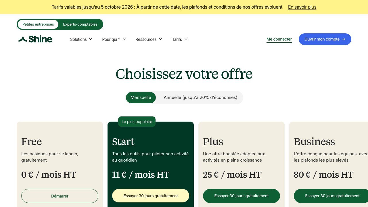 Capture d'écran des tarifs de Shine