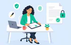 Entrepreneure signant un contrat avec une signature électronique avancée