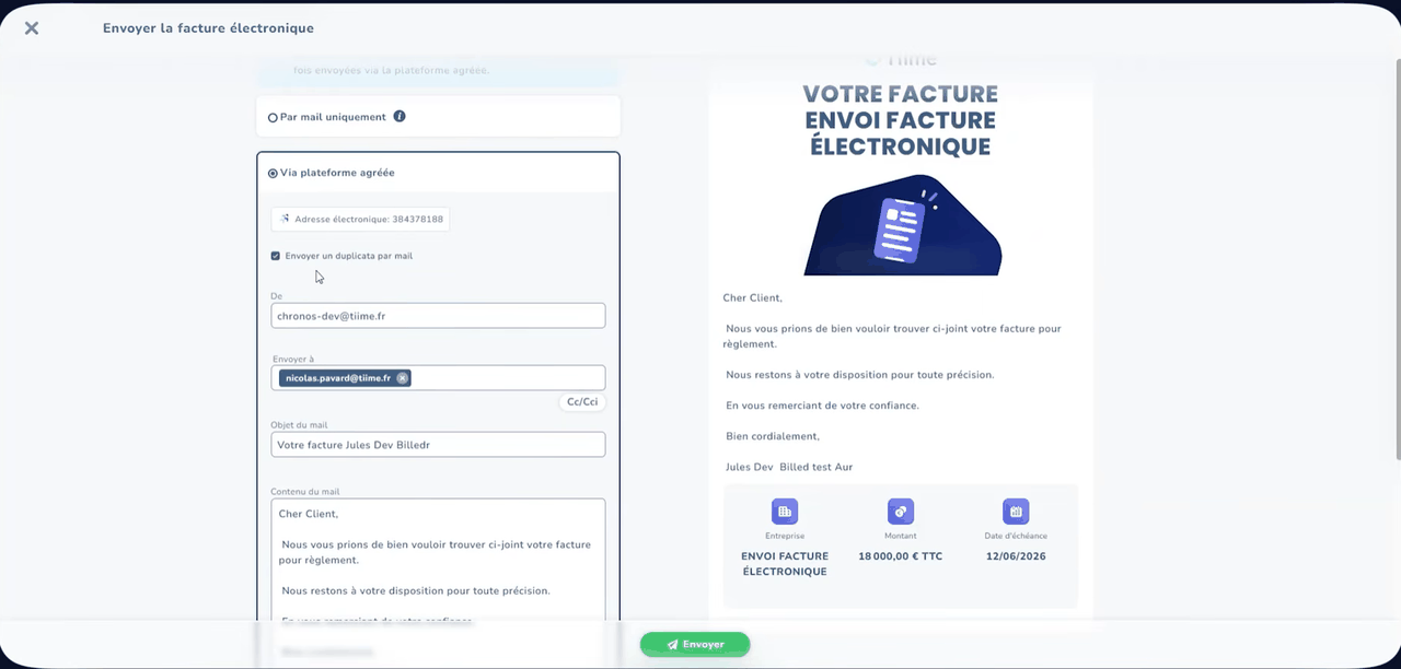 Envoi d'une facture électronique via la plateforme agréée Tiime