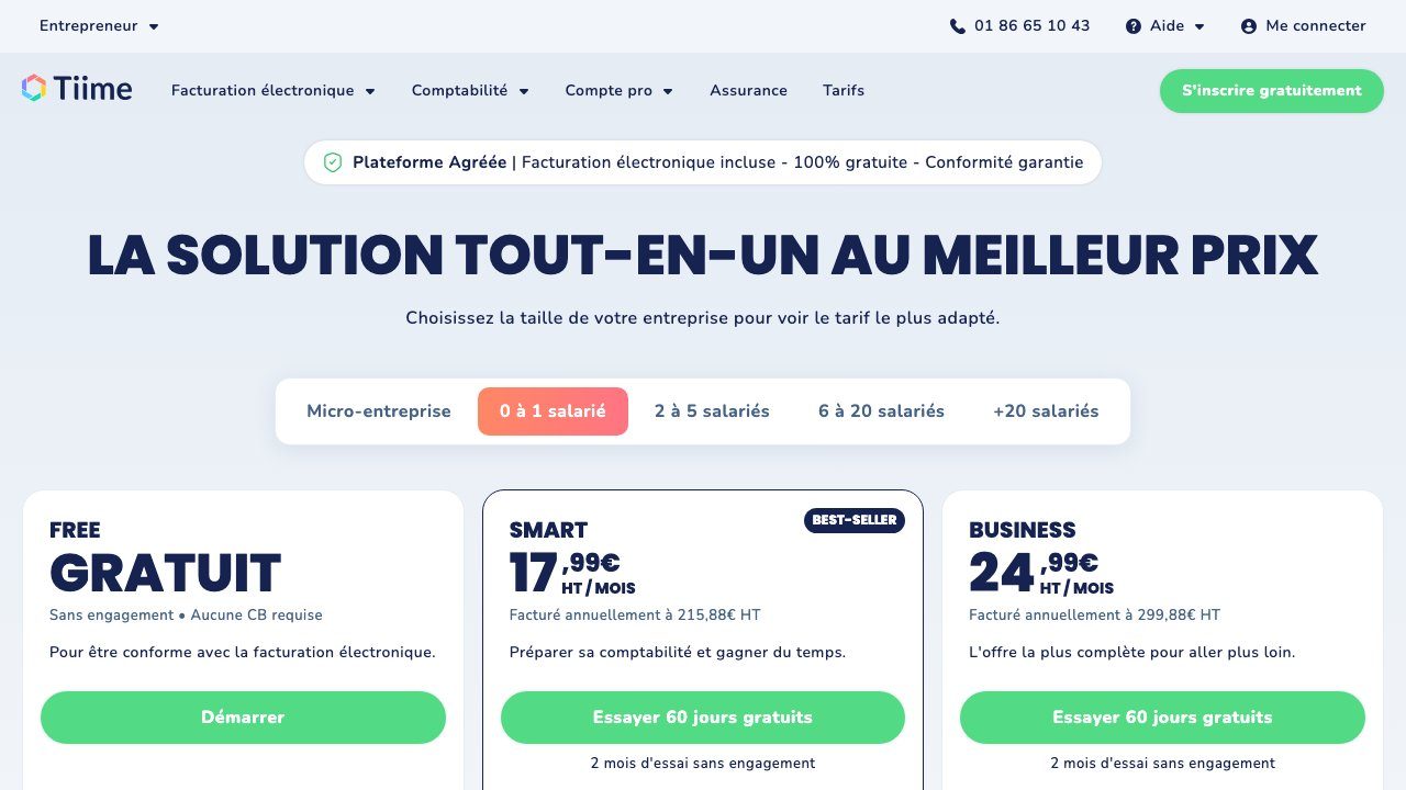 Capture d'écran des tarifs de Tiime