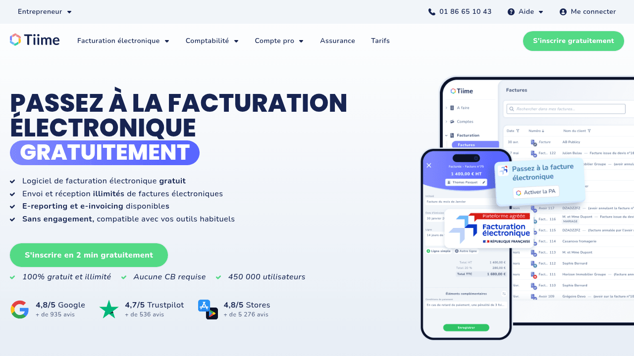 Page facturation électronique de Tiime : logiciel gratuit et plateforme agréée