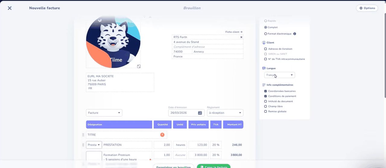Options d'une facture Tiime : format électronique, SIRET et informations complémentaires