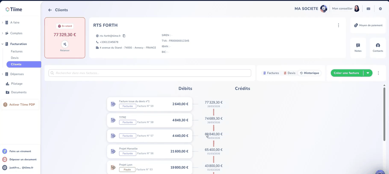 Fiche client Tiime : encours, débits et crédits, historique des factures